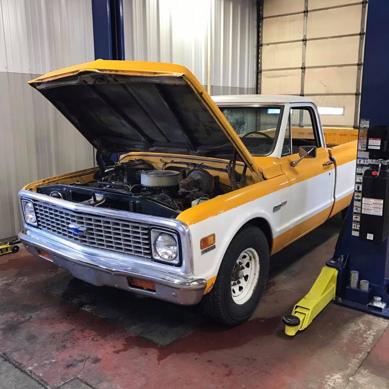 Classic Chevy C10 up on the lift